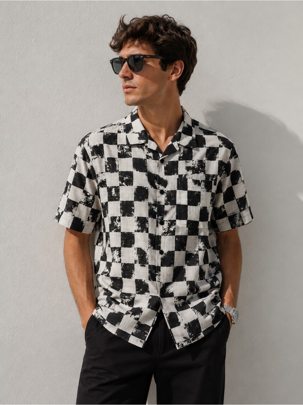 Zara Black White Abstract Check Linen Blend Button Shirt Size M